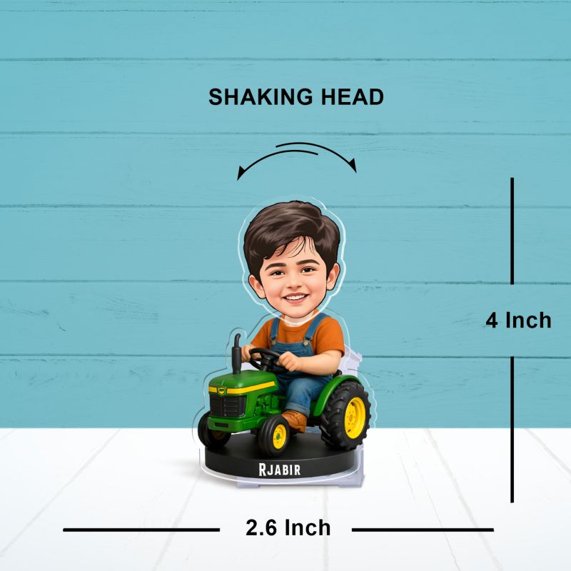 Personalized Little Boy on Tractor Bobblehead Caricature Standee Custom Photo Acrylic Cutout with Name, Unique Gift for Kids, Son, or Grandson Battery Powered Moving Head Feature